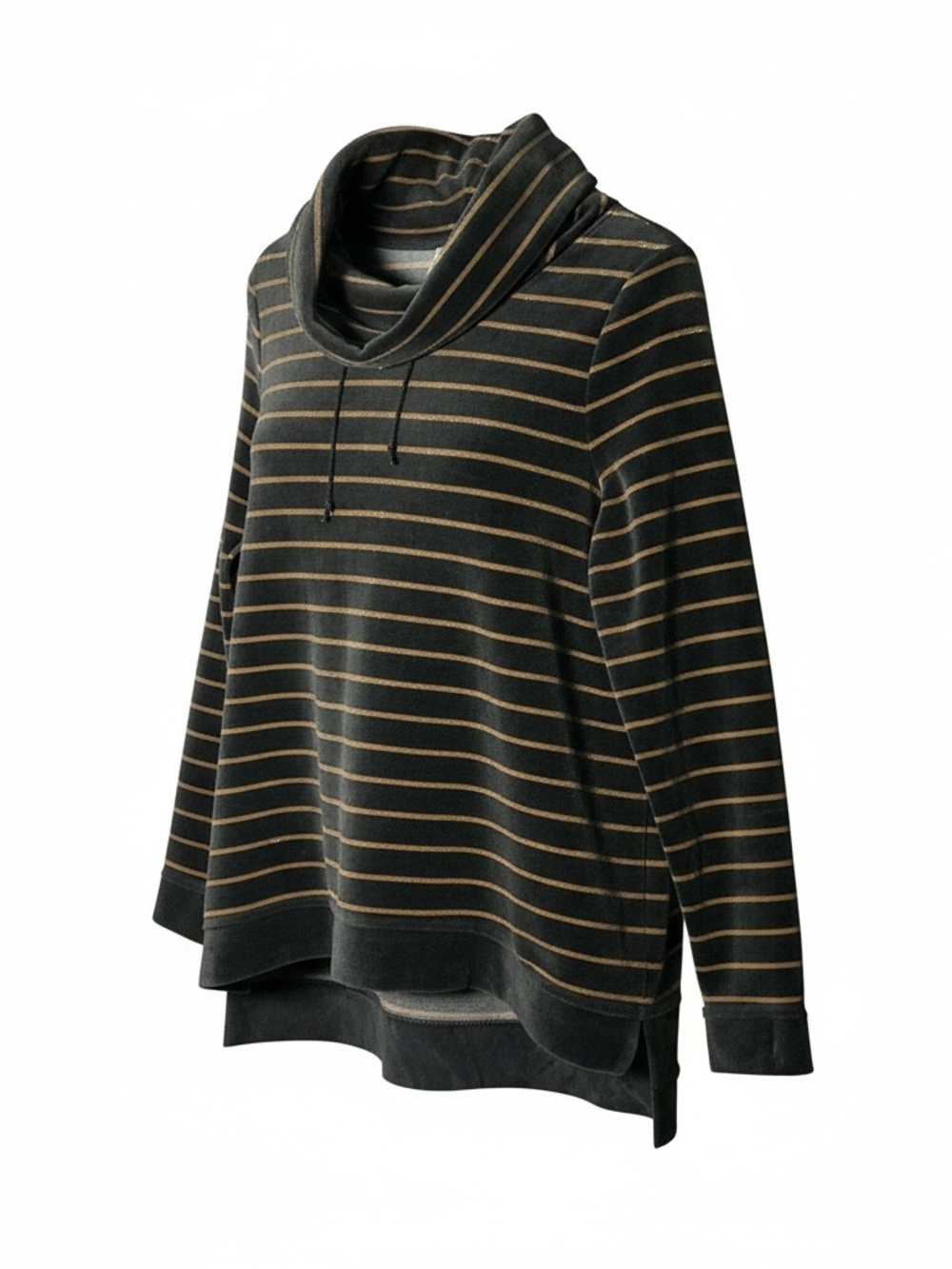 Chico's Zenergy Velour Cowl Neck Top Size 2 Striped Metallic Gold Trim High Low